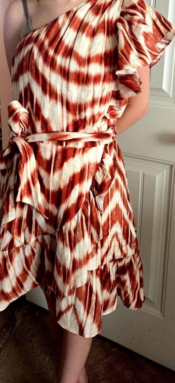 Banana Republic Zebra Print Linen Ruffle One Shoulder Dress Rust Cream Sz
